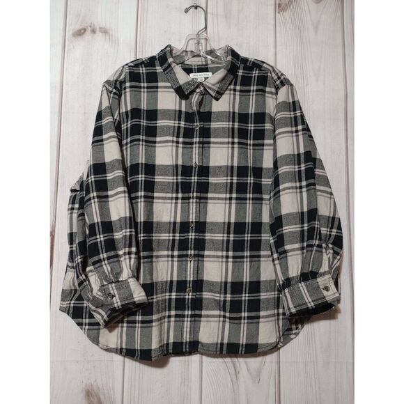 Free Assembly Shirt Ladies 3x Flannel Button Front Long Sleeve Black Cream - Picture 1 of 7